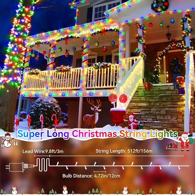 Heceltt Christmas Lights Outdoor, 522FT 1300 LED String Lights with 8 Lighting Modes, Timer Memory Twinkle Fairy Lights Waterproof Plug in for Xmas Tree Wedding Party Holiday Decor(Multicolor)