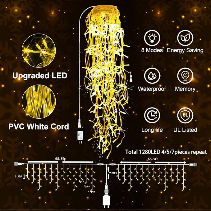 131 FT 1280 LED Christmas Lights Outdoor Decorations Super Long Clear Wire String Lights Plug in 240 Drops 8 Modes Memory Timer Curtain Fairy Lights Waterproof for Holiday Wedding Party-Warm White