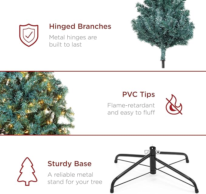 Best Choice Products 6ft Pre-Lit Blue Spruce Christmas Tree, Artificial Full Hinged Decor, Holiday Decoration w/ 250 Warm White Incandescent Lights, 900 Tips, Foldable Metal Base