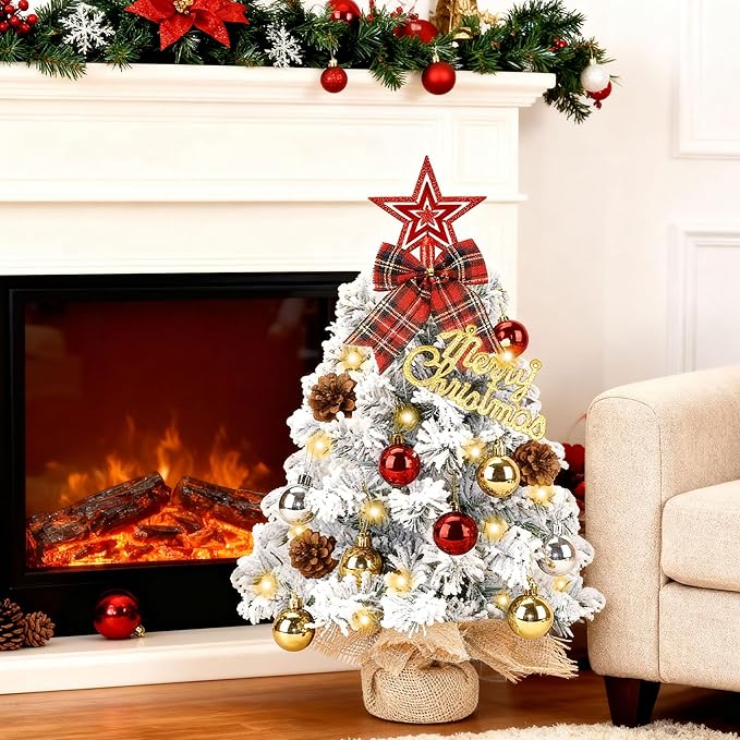 Mini Christmas Tree Tabletop Set with LED Lights, 2FT Artificial Small Xmas Tree Prelit with Star Treetop and Hanging Ornaments for Home Cafe Office, Snow Flocked, White