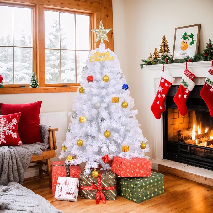 VINGLI 4ft White Artificial Christmas Tree with 140 Warm White Lights, 8 Lighting Modes, 346 Full Tips Branches, Sturdy Metal Stand, Pre-Lit Xmas Tree for Holiday & Party Decorations