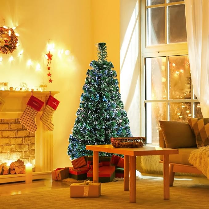 HAPPYGRILL 4FT Pre-Lit Fiber Optic Christmas Tree Artificial Christmas Tree with 125 PVC Tips, Green Xmas Tree with LED Lights for Indoor Outdoor Festival Decor