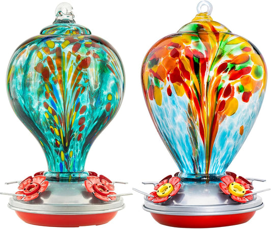2 Packs Hummingbird Feeder for Outdoors Hanging Ant and Bee Proof, 32OZ & 34OZ, Hand Blown Glass Hummingbird Feeders for Outside, Blue & Teal