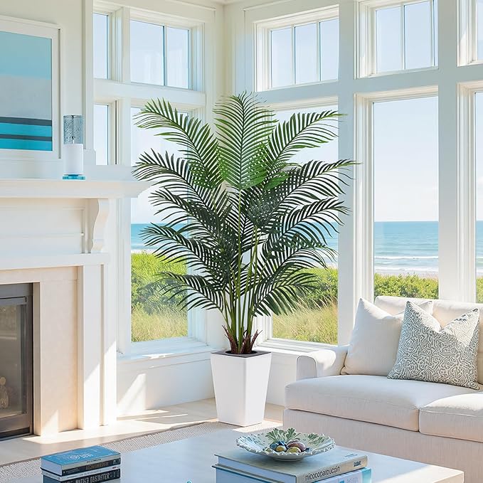Artificial Palm Tree with White Tall Planter, 6ft Tall Potted Artificial Silk Palm Tree Plant, Fake Tropical Plant, Home Office Floor Room Decor Plants Indoor Outdoor, Housewarming Gift