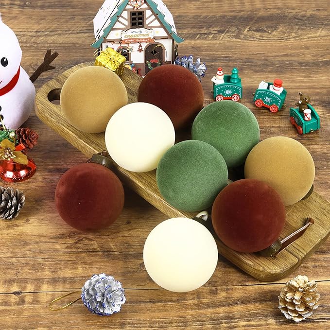 24 Pcs Velvet Christmas Balls Bulk Shatterproof Plastic Christmas Tree Decorations for Decorative Hanging Baubles (24, Brown、Green、Beige、Khaki, 2.36Inch)