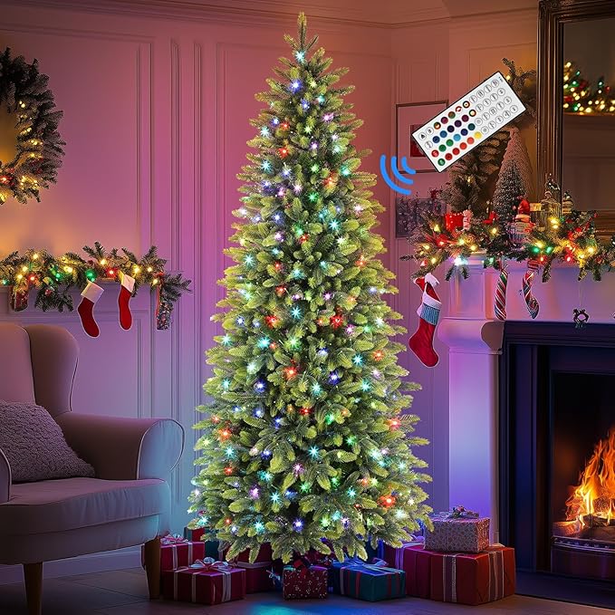 Alupssuc 6ft Prelit Artificial Hinged Pencil Christmas Tree with 300 Multi-Color Changing RGB Lights and 1600 PE & PVC Branch Tips, Remote Control 6 Feet Pre-Lit Slim Tree for Xmas Decoration, Green