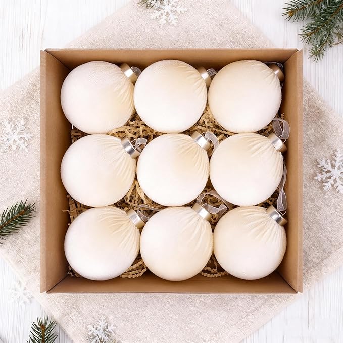 9 Pcs Christmas Tree Ornaments Set, 80mm/3.15in Large Velvet Christmas Balls for Xmas Tree Decorations Shatterproof Hanging Flocked Balls Ornaments Beige
