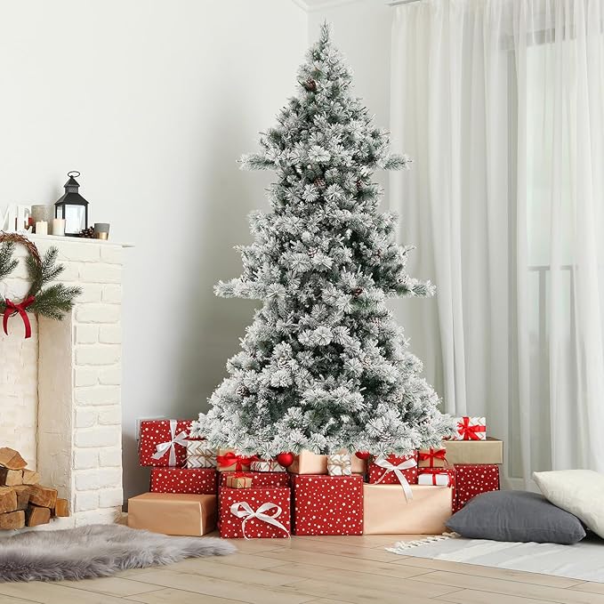 HAPPYGRILL 7 FT Pre-Lit Christmas Tree, Flocked Xmas Tree with Pine Needles, 1057 Branch Tips, 420 Warm White LED Lights & 62 Pine Cones, Hinged Xmas Tree with 2 Pairs of Gloves