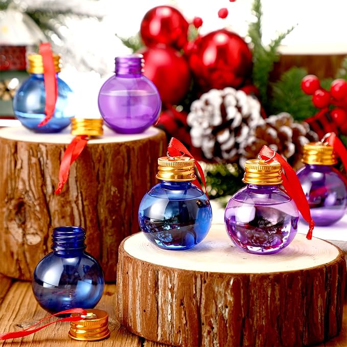 Patelai 24 Pcs Christmas Drink Balls Shot Glass Ornament Plastic Fillable Christmas Tree Ornaments Xmas Water Bottle Bulbs for Holiday Party Indoor Outdoor (Blue,Purple with Gold Lid)
