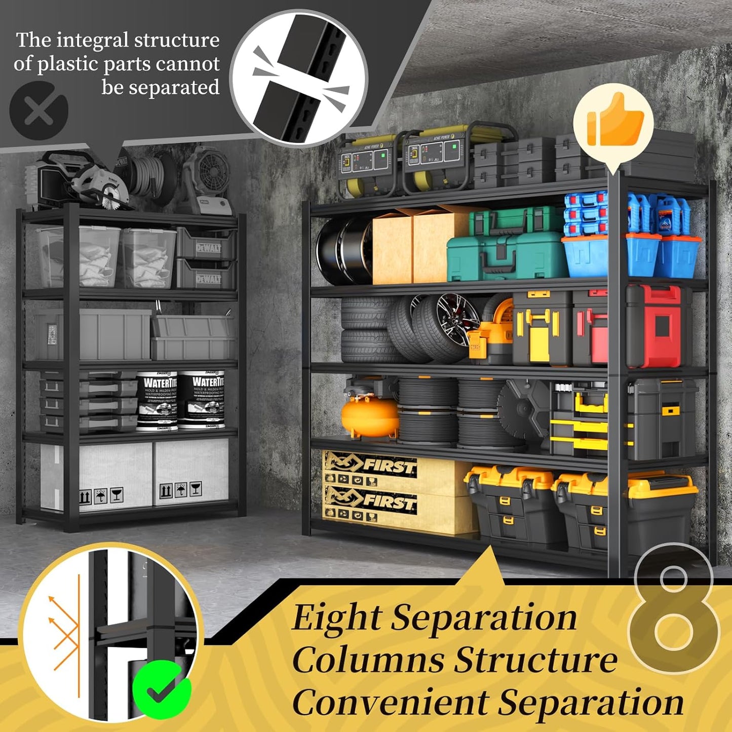 47.8" W Heavy Duty Garage Shelving 3000LBS Storage Shelves, Adjustable 5-Tier Storage Rack, Metal Shelves for Garage/Warehouse/Basement, 47.8" W x 19.8" D x 72" H, 4 Pack