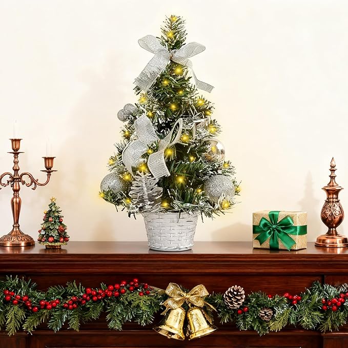 FR 12 Inch Tabletop Christmas Tree,Wintry Pine,Decorated with Pine Cones Berry Clusters,with LED Lights,for Desktop Centrepiece,Mantelpiece,Indoor DIY Christmas Decoration/Silver