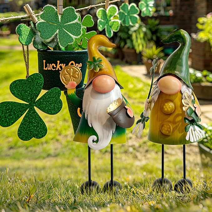 HONGLAND Fall Decor - Fall Decorations for Garden, Metal Gnomes Figurine Yard Art, Luck Shamrock Gnome for Home Outside Lawn Party Yard Patio