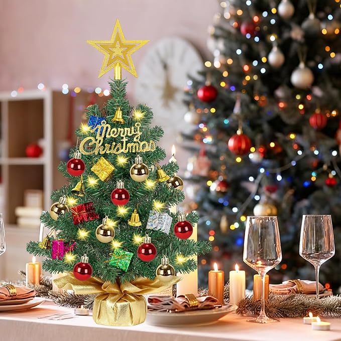 [ Timer & 8 Modes] 24 Inch Realistic Tabletop Christmas Tree with 50 Warm White Lights Star Treetop and Ornaments Small Small Artificial Christmas Tree for Indoor Home Table Christmas Decorations
