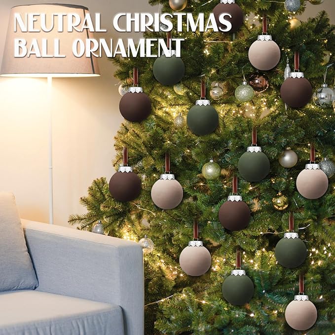 24 Pcs Neutral Matte Christmas Ball Ornaments 2.4 Inch Rustic Boho Brown Green Tan Xmas Bulbs Ornament Vintage Xmas Baubles Modern Christmas Decor for Tree Farmhouse Decor