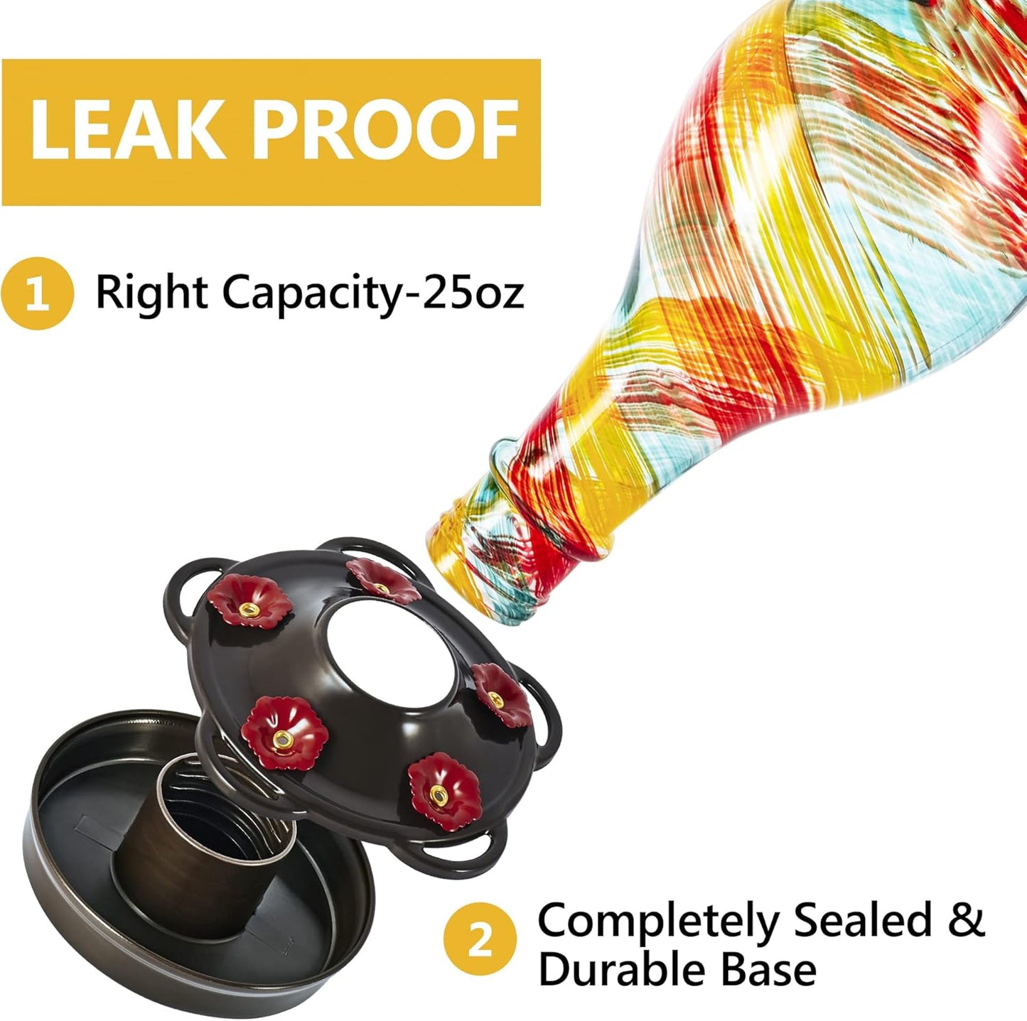 LUJII Hand Blown Glass Hummingbird Feeder for Outdoors Hanging with Ant Moat, 25 fl.oz, Leak Proof & Rustproof, Metal Base with 5 Feeding Ports & 5 Perches, Unique Garden & Backyard Decor (Ribbon)