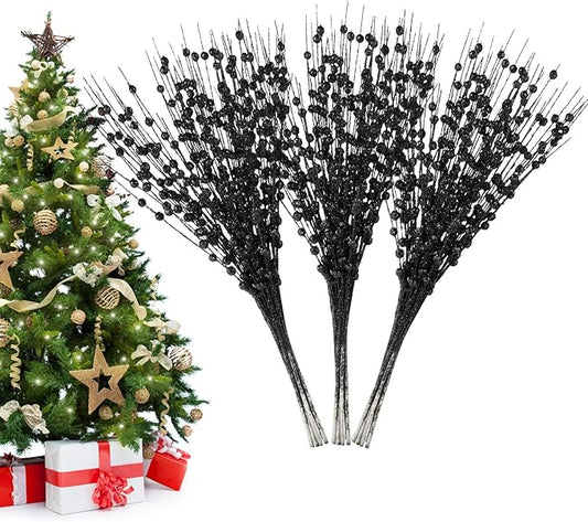 Christmas Artificial Glitter Berry Stem Decorations Decorative Bead Sticks Xmas Picks Glittery Twigs Branches for Christmas Tree Wreath Gift Vase Home Decor Party Ornaments Black 24 PCS