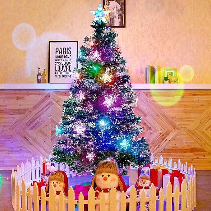 Juegoal 4 ft Pre-Lit Artificial Christmas Tree, Lighted Optical Fiber Xmas Trees with RGB Color Changing LED Lights, Snowflakes & Top Star, Festive Party Holiday Fake Multicolored Tree with Metal Legs
