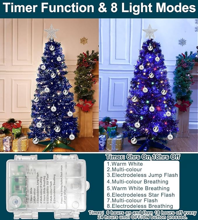 Dual Color Change & Timer 4 Ft Christmas Tree with 8 Mode 100 Warm White & Colorful Light 18 DIY Ball Ornaments 3D Star Battery Operated Small Xmas Tree Table Indoor Holiday Party Decor