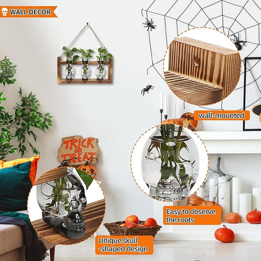Plant Terrarium Propagation Stations Hydroponics Halloween Skull Planter Vase Skulls Decor with Wooden Stand Gife for Father
