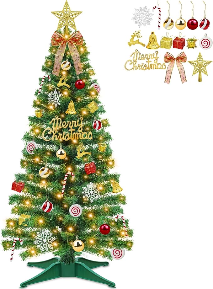 [ 71 Ornaments ] 4 Ft Artificial Christmas Tree with 100 Warm White Light 3D Star Merry Christmas Sign Ball Bow Deer Snowflake Gift Box Timer Battery Operated Xmas Tree for Indoor Home Decoration