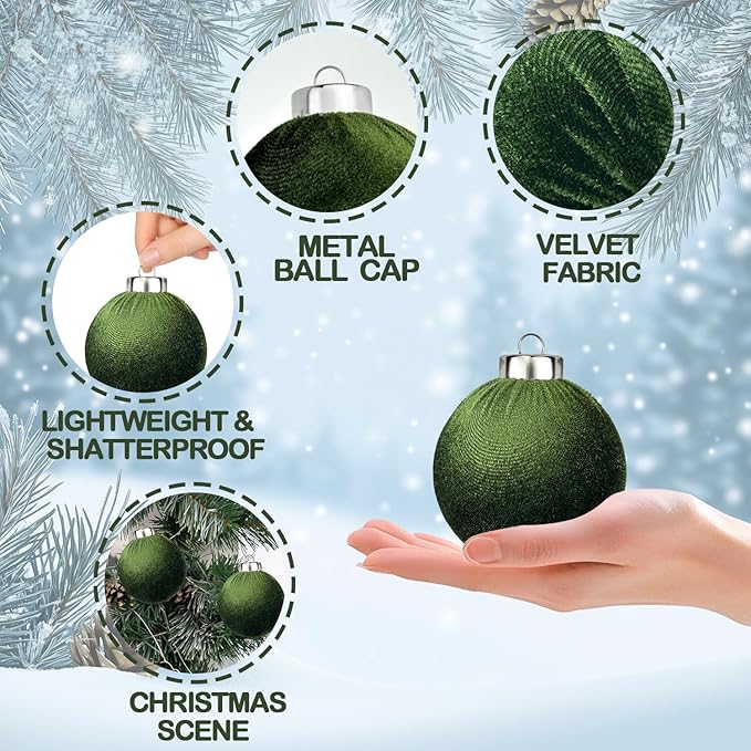 Green Velvet Ornaments for Christmas Tree 15 PCS, Big Neutral Flocked Christmas Bulbs Ornaments Set 3.15 Inch, Matte Suede Xmas Hanging Baubles Decorations (Sage Green)