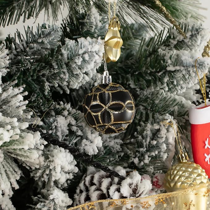 Black & Gold 110Pcs Christmas Ball Ornaments Set, Assorted Christmas Ornaments for Xmas Tree, Shatterproof Plastic Baubles Hanging Decorations for Holiday/Party/Wedding