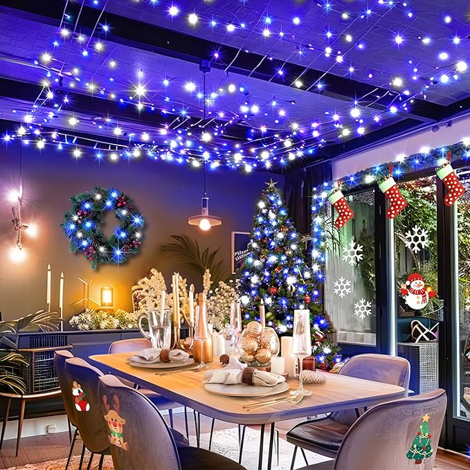 KNONEW Outdoor Christmas Lights 500 LED 197ft String Lights 8 Modes & Memory Fairy Light Plug in Waterproof LED String Lights for Xmas Yard Tree Wedding Party (Blue and White)