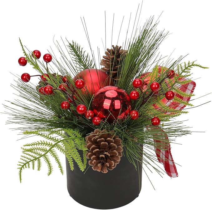 Briful 10 Inch Mini Christmas Tree Artificial Potted with Pinecones Berries and Red Xmas Ball Ribbon Christmas Arrangements Centerpieces Ornaments in 4.7'' Black Ceramic Pot for Home Indoor Table
