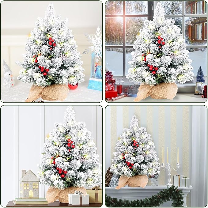 20 Inch Flocked Mini Christmas Tree with Lights, Berries and Cloth Bag Base, Pre-lit Artificial Tree for Tabletop Home Kitchen Livingroom Decoration, White+Green