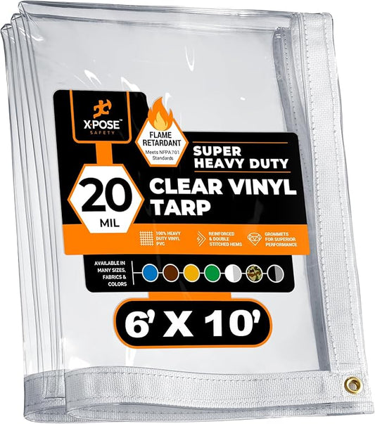 6' x 10' Clear Vinyl Tarp - Fire Retardant 20 Mil Super Heavy Duty Transparent Waterproof PVC Tarpaulin with Brass Grommets - for Patio Enclosure, Temporary Wall, Multipurpose - by Xpose Safety