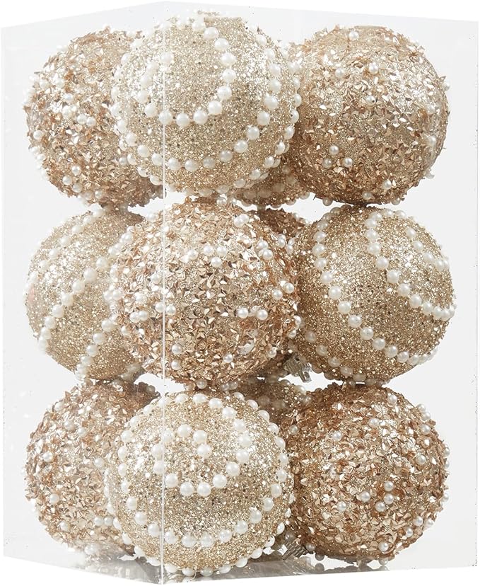 Champagne Gold Christmas Ball Ornaments,12ct Christmas Tree Shatterproof Plastic Hanging Sequin Xmas Balls for Festivals Holiday Party Decorations(70mm/2.76")