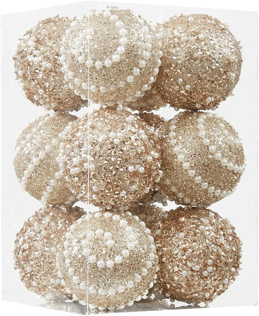 Champagne Gold Christmas Ball Ornaments,12ct Christmas Tree Shatterproof Plastic Hanging Sequin Xmas Balls for Festivals Holiday Party Decorations(70mm/2.76")