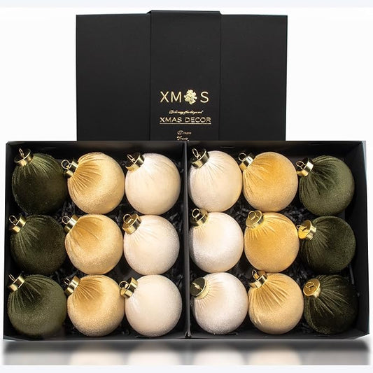 18PCS Velvet Christmas Ornaments Set – Large Matte Flocked Shatterproof Baubles for Xmas Tree Decoration, Hanging Ornaments for Holiday & Home Décor (Gold, Green, White, 3 Inch / 8 cm)