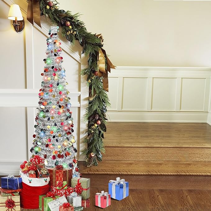 5 FT Pencil Christmas Tree, Collapsible Artificial Sequin Pop Up Christmas Tree, Skinny Pencil Tinsel Christmas Trees, Xmas Tree for Home Apartment Basement Fireplace (Silver Coloured)