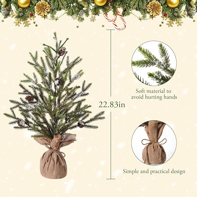 22Inch Artificial Christmas Tree – Mini Tabletop Xmas Tree, Realistic Pine Needles, Pinecones & Burlap Base – Small Festive Decoration for Home, Office or Entryway