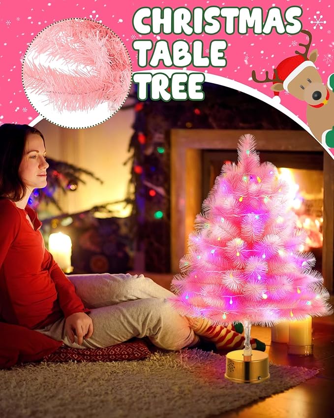 2FT Pink Rotating Christmas Tree with Music and LED Lights, 360° Spinning Tabletop Mini Xmas Tree with Base Christmas Decor for Small Space Home Office Desk Holiday Gift