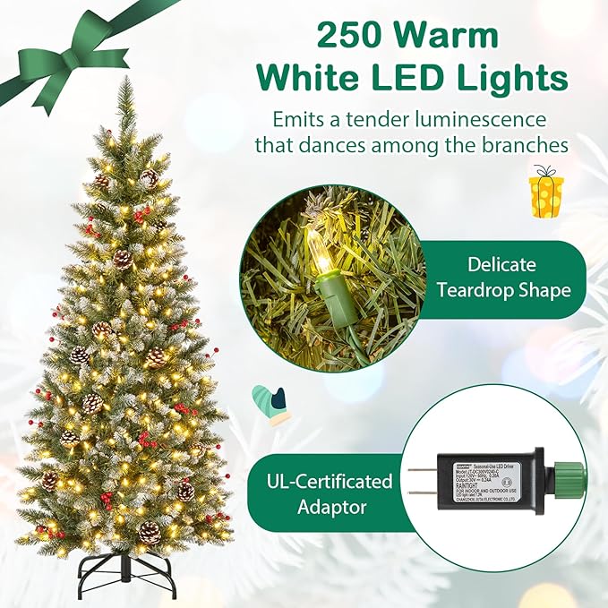 GOFLAME 5FT Pre-Lit Pencil Christmas Tree, Artificial Xmas Tree with 408 Branch Tips, 24 Pine Cones, 23 Clusters of Red Berries & 250 Warm White LED Lights, Holiday Decoration Tree for Home Party