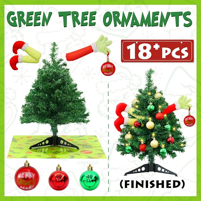 Small Christmas Tree Mini Christmas Tree with LED Lights Arms and Legs Tabletop Decoration Ornaments for Indoor Home Party Decor