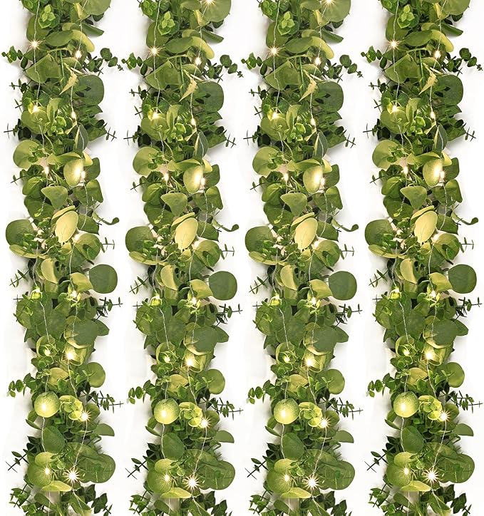 Dolicer 4 Packs 6FT Artificial Eucalyptus Garland with LED Light String, Faux Greenery Garland Hanging Fake Silver Dollar Eucalyptus Leaves Vines for Wedding Backdrop Arch Table Wall Party Home Decor