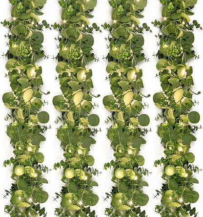 Dolicer 4 Packs 6FT Artificial Eucalyptus Garland with LED Light String, Faux Greenery Garland Hanging Fake Silver Dollar Eucalyptus Leaves Vines for Wedding Backdrop Arch Table Wall Party Home Decor