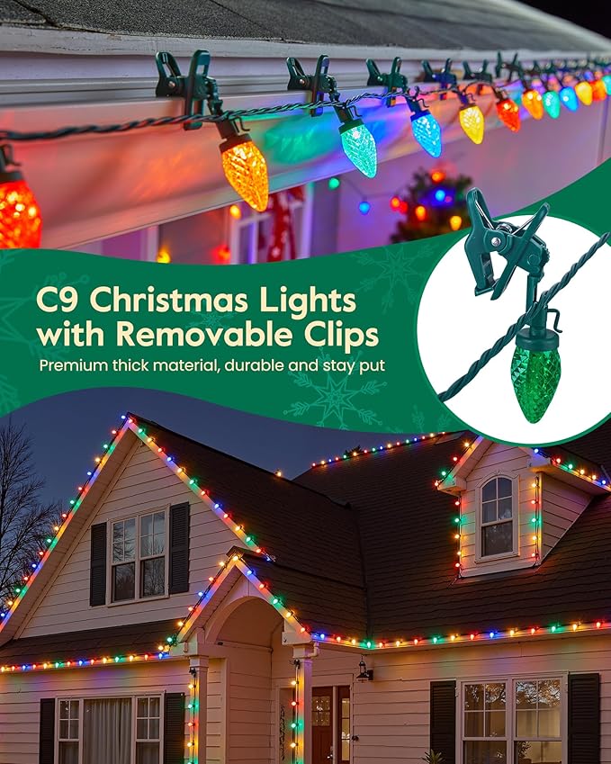 C9 Christmas Lights Outdoor with 110 Spring Clips, 81FT 110 LED C9 String Lights Waterproof Connectable for Outside Roofline Patio House Yard Windows Indoor Outdoor Christmas Decorations, Multicolor