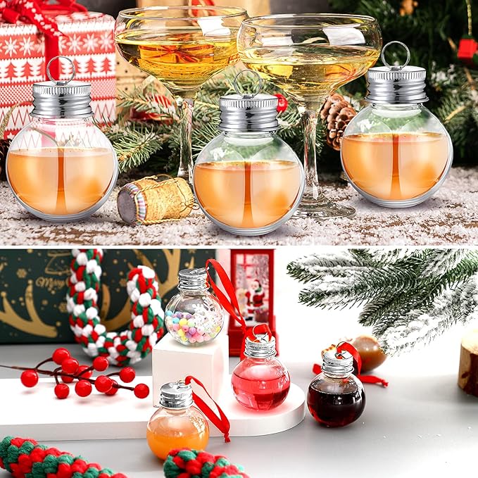 Patelai 18 Pcs Christmas Drink Balls Shot Glass Ornament Plastic Fillable Christmas Tree Ornaments Xmas Water Bottle Bulbs for Holiday Party Indoor Outdoor (Silver Lid)