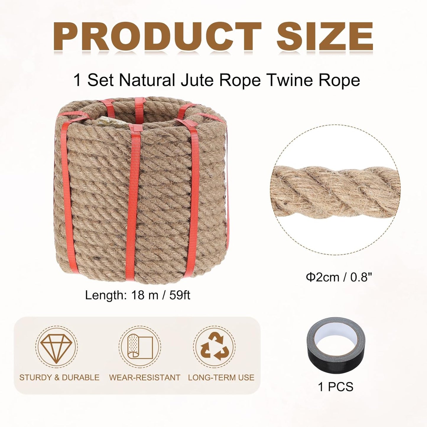 MECCANIXITY Jute Rope 0.8 Inch x 59ft, Thick Twine Rope Ropes Braided Jute Twine Natural Brown Burlap Cord String Heavy Twisted with Tape for Decorative Crafts Railing Swing Tug of War