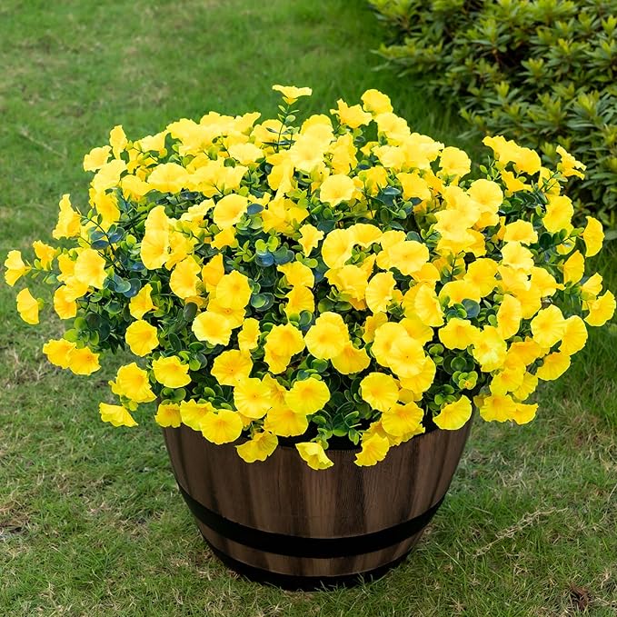 Lnoicy Artificial Flowers for Outdoor 12 Bundles Eucalyptus Fake Flowers for Planter,UV Resistant Fake Morning Glory for Home/Porch/Garden Decoration（Yellow）