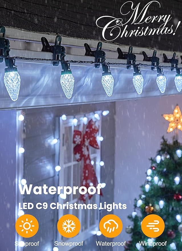 C9 LED Christmas Lights Outdoor, 68 Feet 100 LED Strawberry String Lights with 100 Spring Clamps, Commercial Grade Waterproof Extendable for Outside Roofline Patio Home Xmas Decoration, Pure White