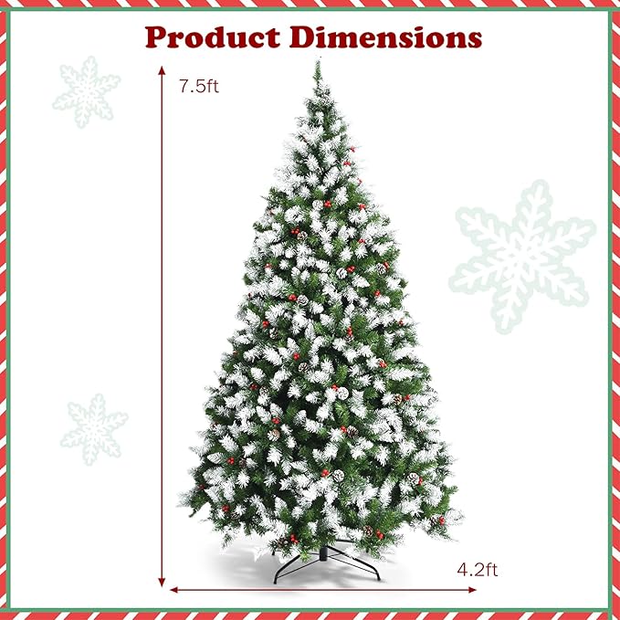 Happygrill 7.5ft Pre-lit Snowy Christmas Tree with 550 Warm White LED Lights & 1398 PVC Tips, 8 Lighting Modes, Hinged Artificial Tree for Residential Commercial Use