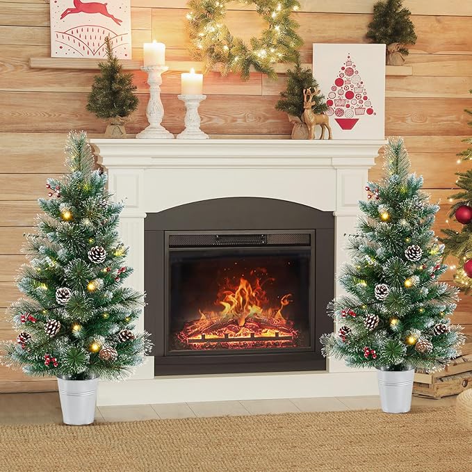 HAPPYGRILL 3 FT Artificial Entrance Christmas Tree, Small Tabletop Xmas Tree w/81 Branch Tips, Eucalyptus Leaves, Pine Needles, Pine Cones, Red Berries, 20 LED Lights, Timer, 8 Lighting Modes