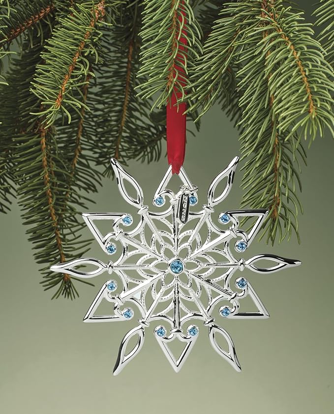 Lenox Ornament, 2025 Snow Majesty Silverplate Ornament, Stainless Steel Christmas Tree Decoration, Snowflake Design, Blue Jeweled Accents, Red Ribbon for Hanging, Christmas Decoration(Silver, 1 Piece)