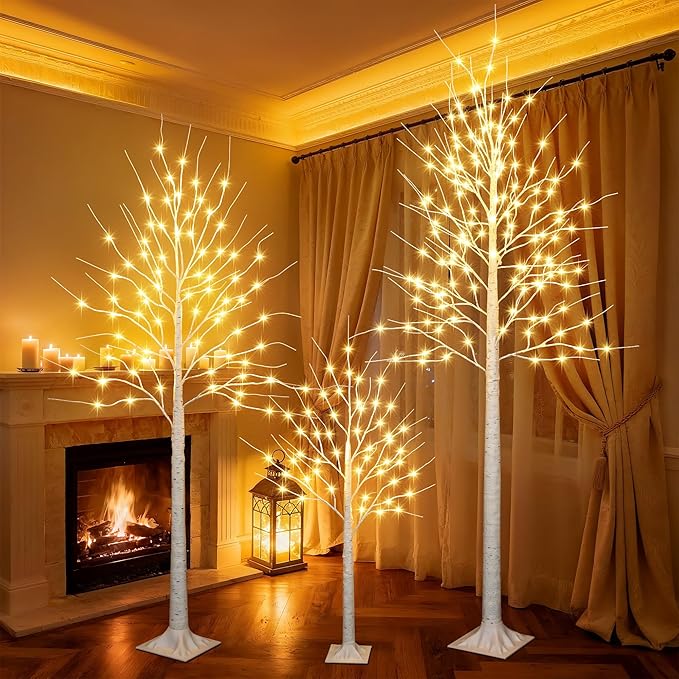iBaycon 4FT 6FT and 8FT Birch Trees, Set of 3 Lighted Birch Tree LED Artificial Tree with 8 Modes Timer, Prelit Light Up Trees for Indoor and Outdoor Party Holiday Christmas Decorations