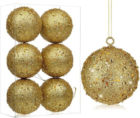 3.15" Large Christmas Balls Ornaments 6 Pcs Shatterproof Big Gold Christmas Ornaments for Xmas Tree Bulk Glitter Big Xmas Tree Ornament for Trees Halloween Holiday Wedding Party Decoration